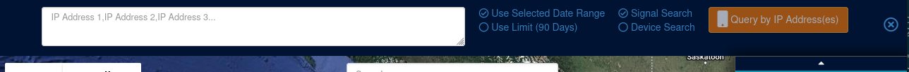 The form for submitting an IP Address query. A field for multiple IP addresses, as well as radio buttons for "Use Selected Date Range" vs. "Use Limit (90 days)", as well as "Signal Search" vs. "Device Search".