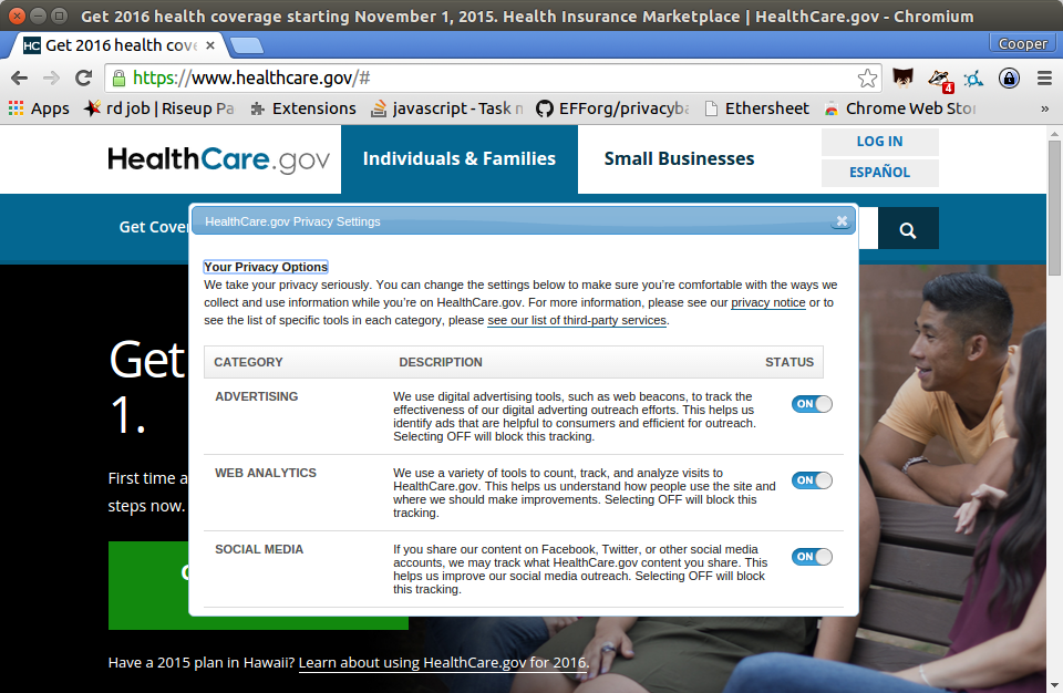 Without privacy settings turned on, Privacy Badger detects 4 potential trackers on the healthcare.gov website.