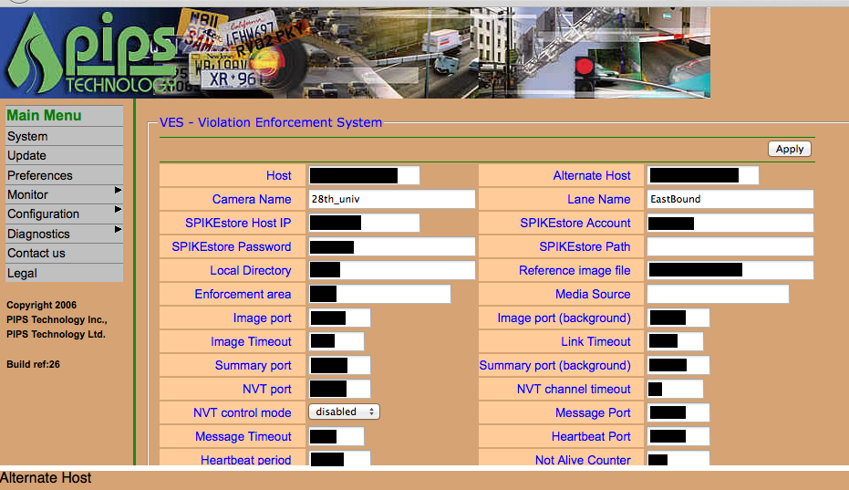 Redacted configuration webpage for a PIPS camera