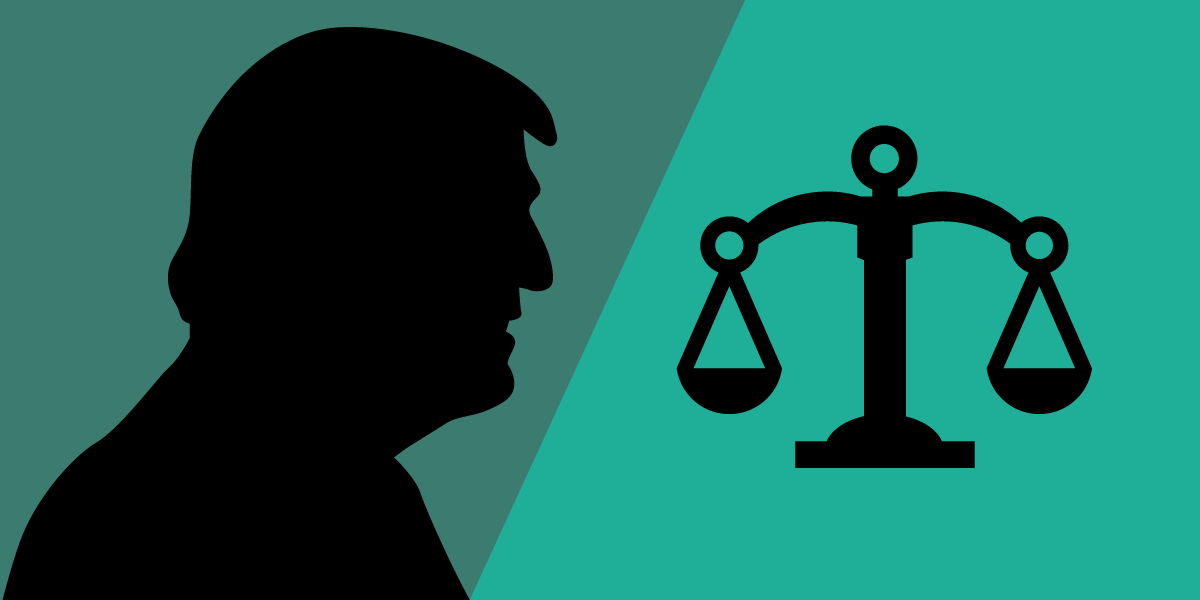 Donald Trump's silhouette and balance scales.