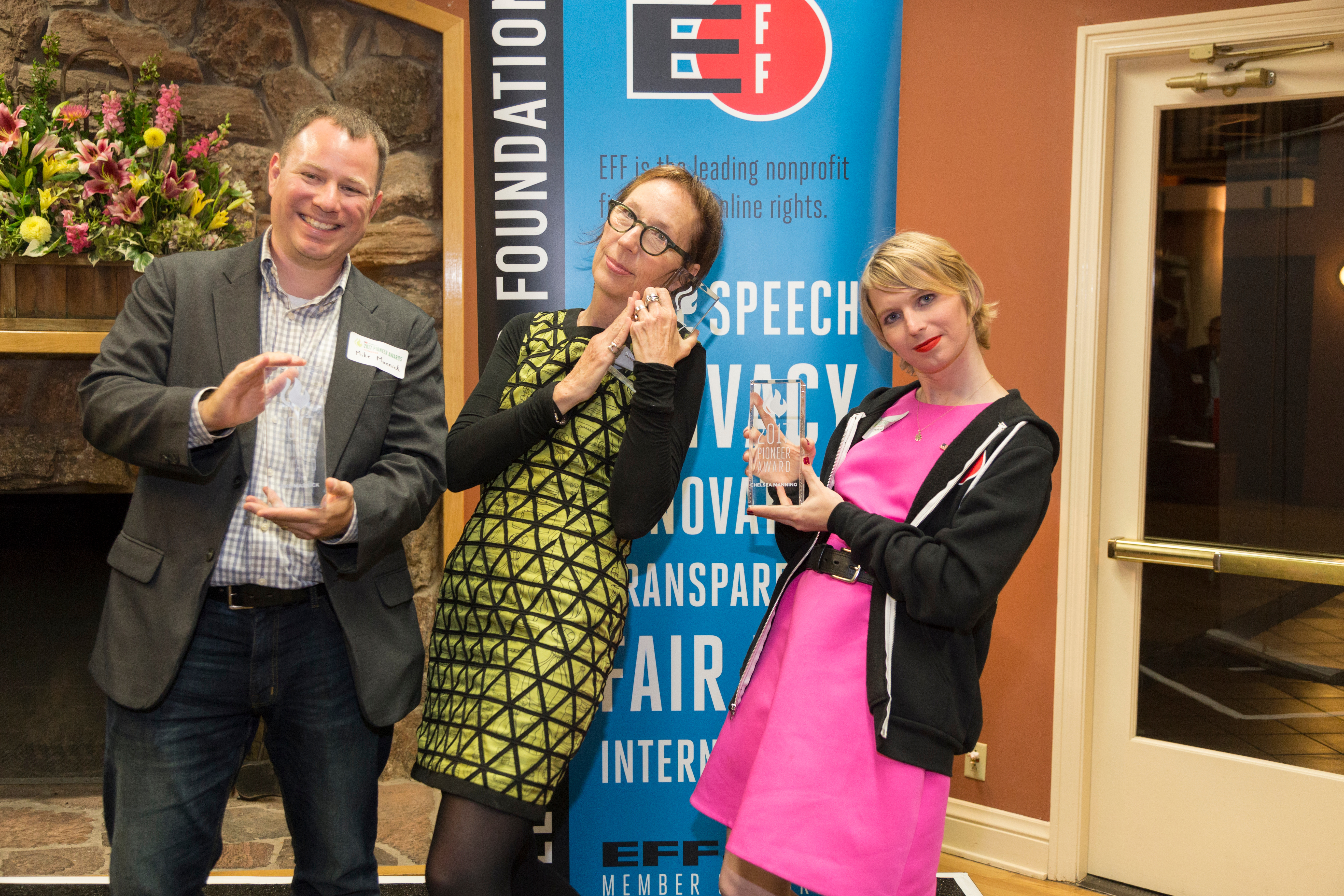 Pioneer Award winners Mike Masnick, Annie Game, and Chelsea Manning
