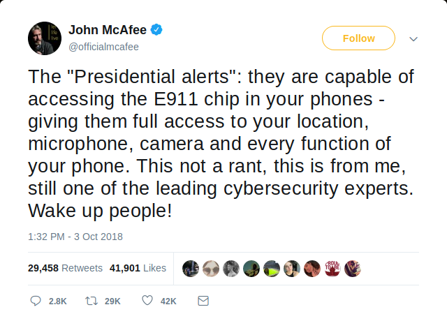 Tweet by McAfee claiming that the Presidential Alert is tracking americans through a non-existent E911 chip