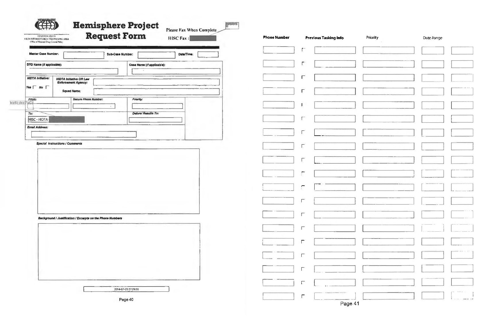 Two pages of a blank Hemisphere request form. 