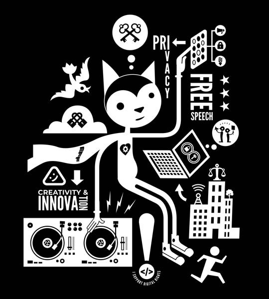 Vector art of digital cat enjoying Internet freedom