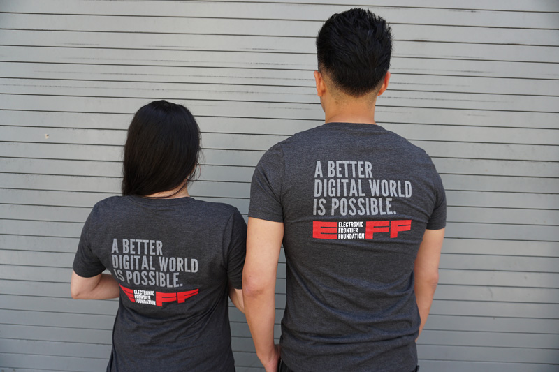 EFF Staffers sporting new Membership shirt (back view)