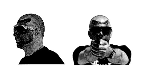 A man in face paint wearing face recognition glasses. Same man wearing glasses and holding a gun.