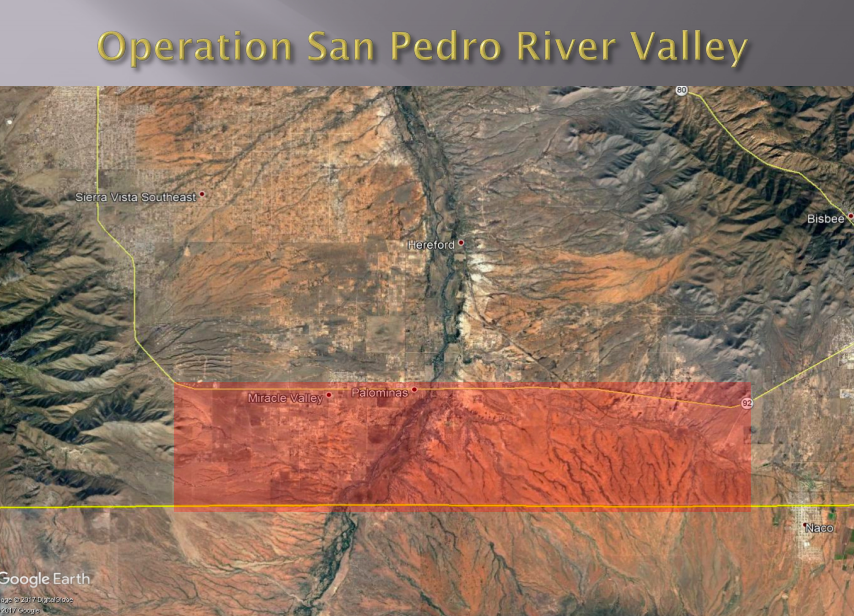 Map of San Pedro River Valley showing a horizontal stretch where the cameras are located