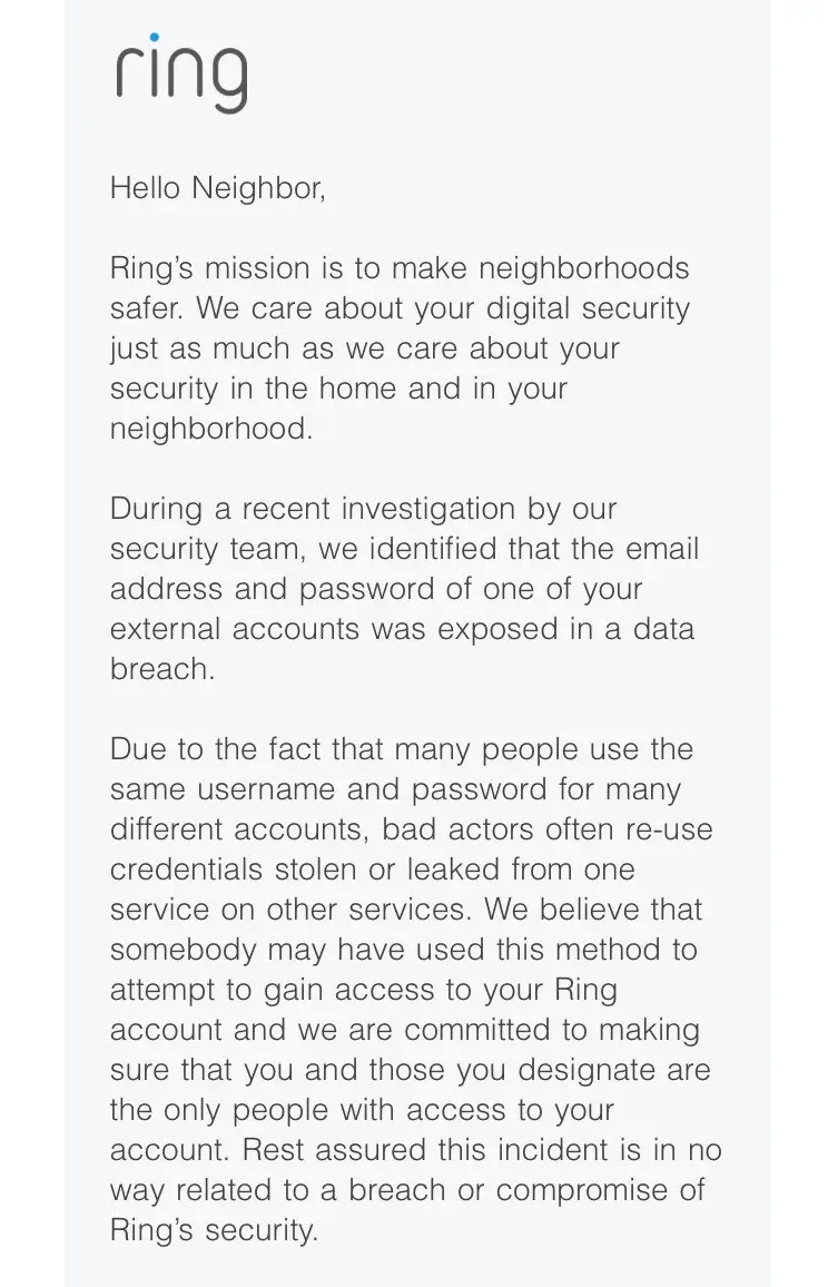 An email sent to ring users notifying them of the breach. 