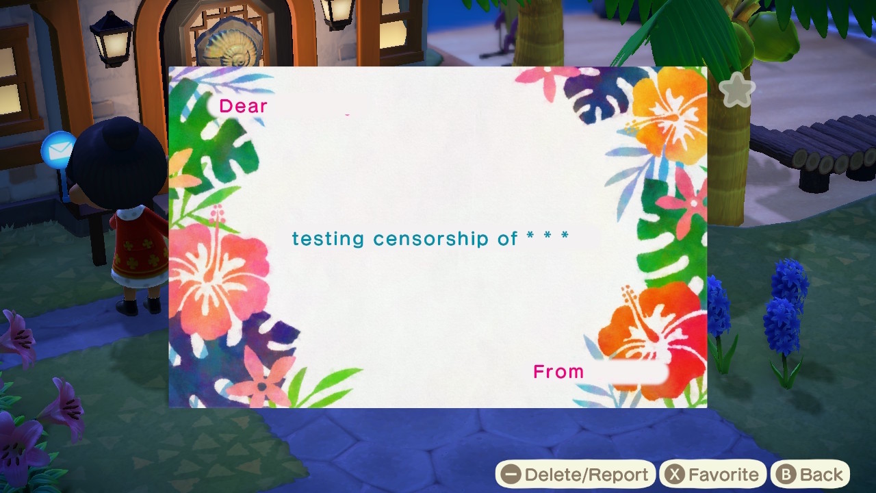 A screenshot in-game of a postcard sent from a friend in Animal Crossing. The message says "testing censorship of" , followed by three asterisks in place of the expected words.