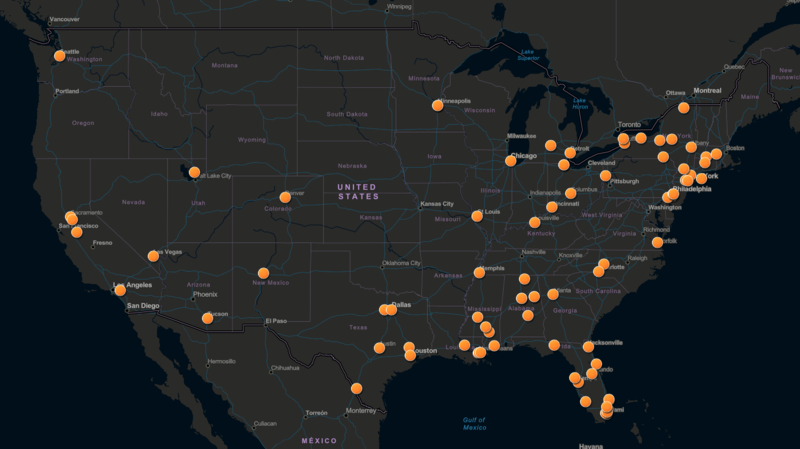 A map of 82 real-time crime centers across the United States