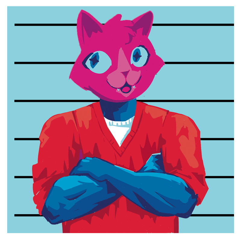 An inmate at a photo lineup with a cat face. 