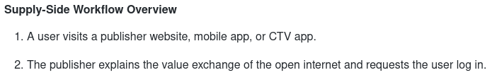  "Supply-Side Workflow Overview 1. A user visits a publisher website, mobile app, or CTV app. 2. The publisher explains the value exchange of the open internet and requests the user log in."