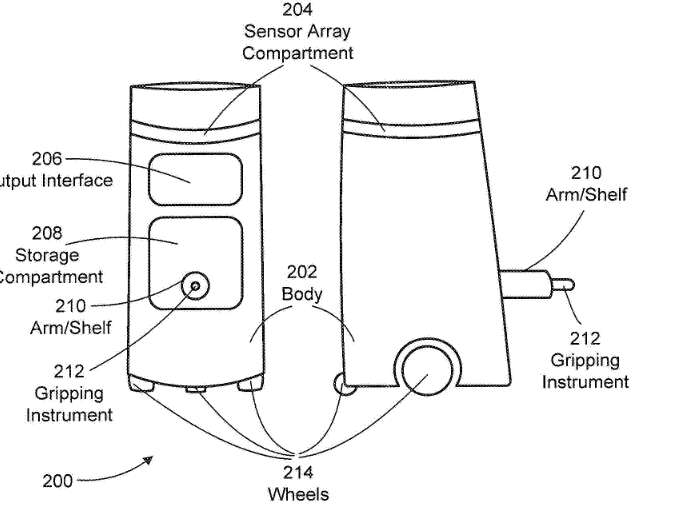 image from the patent showing a cylindrical robot with a gripping arm, wheels, and a sensor