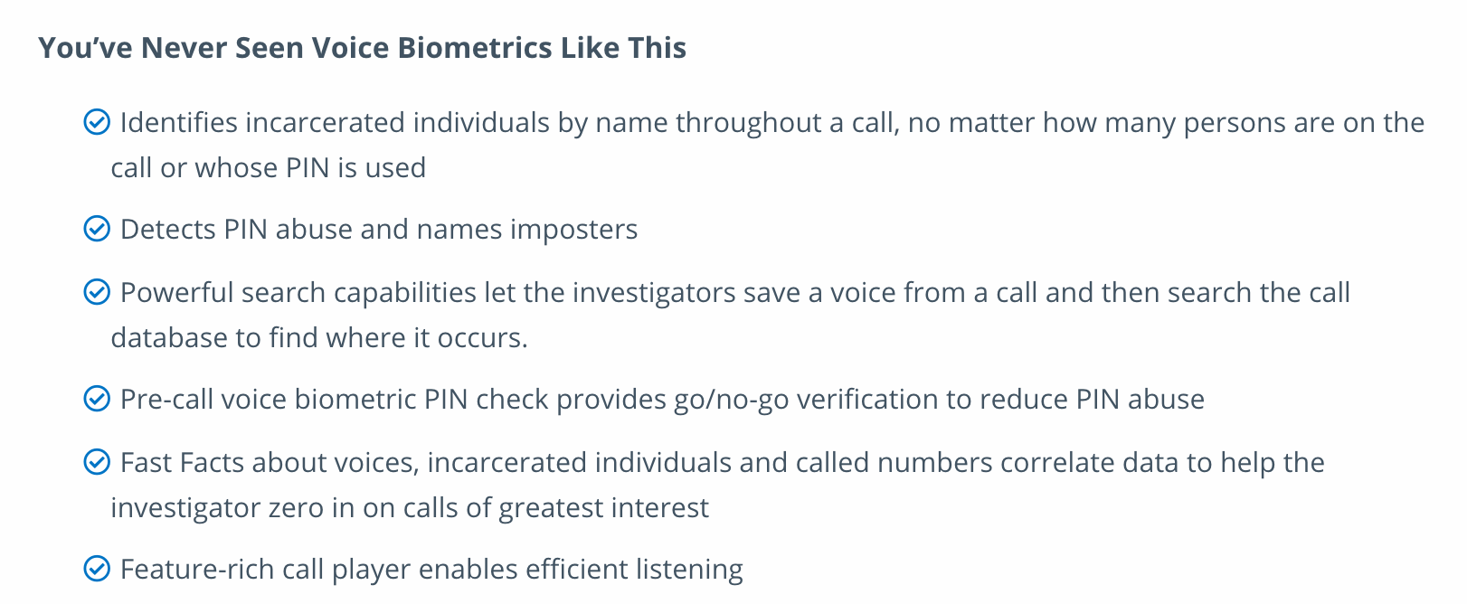 A screenshot from the website for Investigator Pro, with features listed. Features include detecting pin abuse, recognizing the callers, and using biometrics to stop abuse of PINs