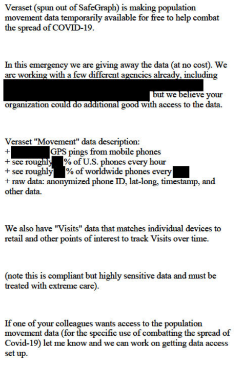  anonymized phone ID, lat-long, timestamp, and other data") "to help combat the spread of COVID-19."