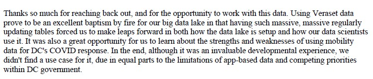 Screenshot of an email from DC to Veraset which describes how it used Veraset's data, but declines to renew the data license.