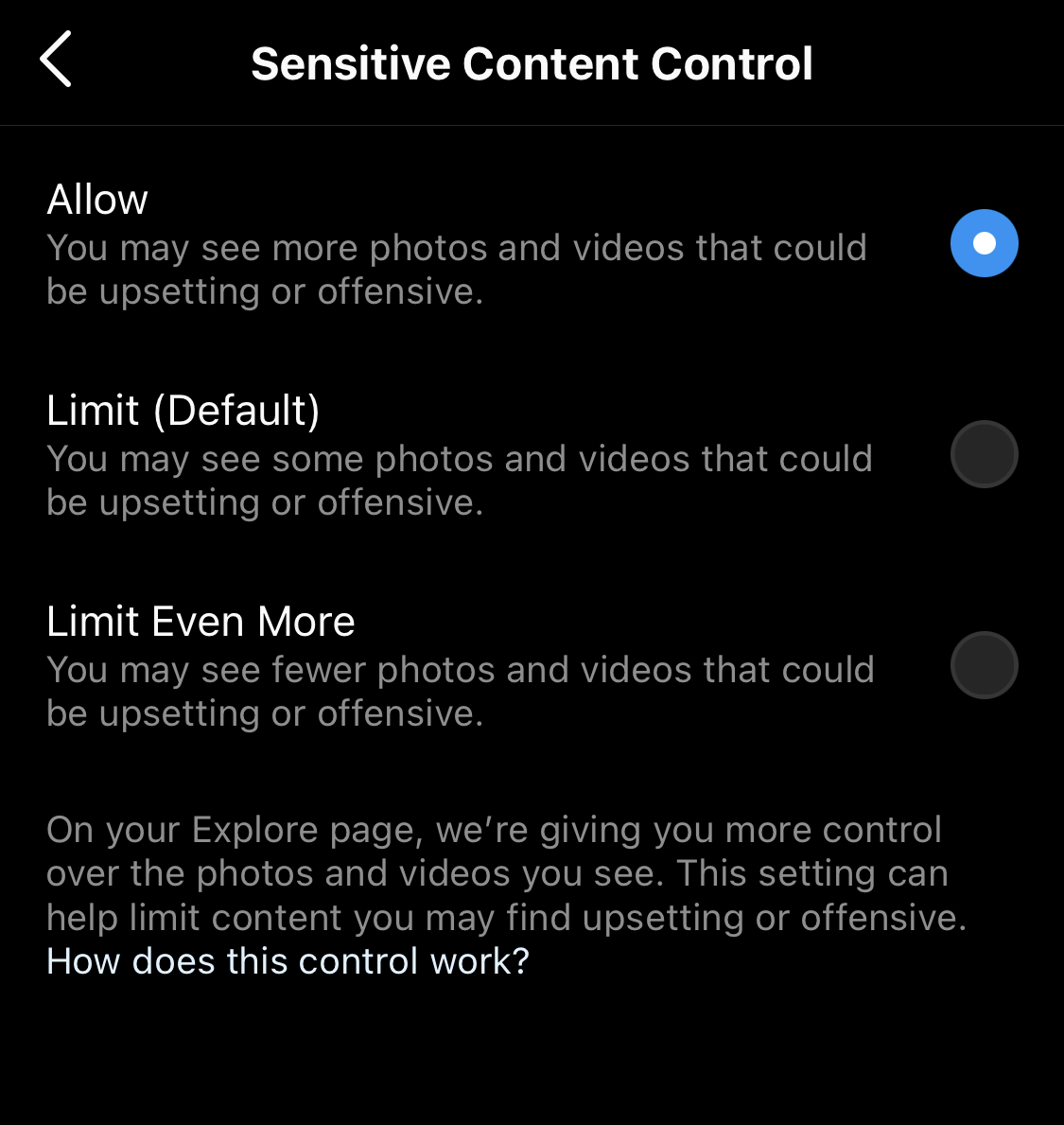 Instagram's sensitive content controls menu