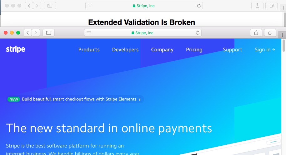 Displays two webpages that have "Stripe Inc.". One fake, one real. Both display valid EV certificates.