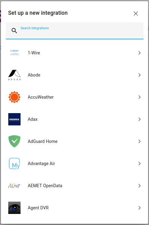 Home Assistant Integrations Menu Screenshot