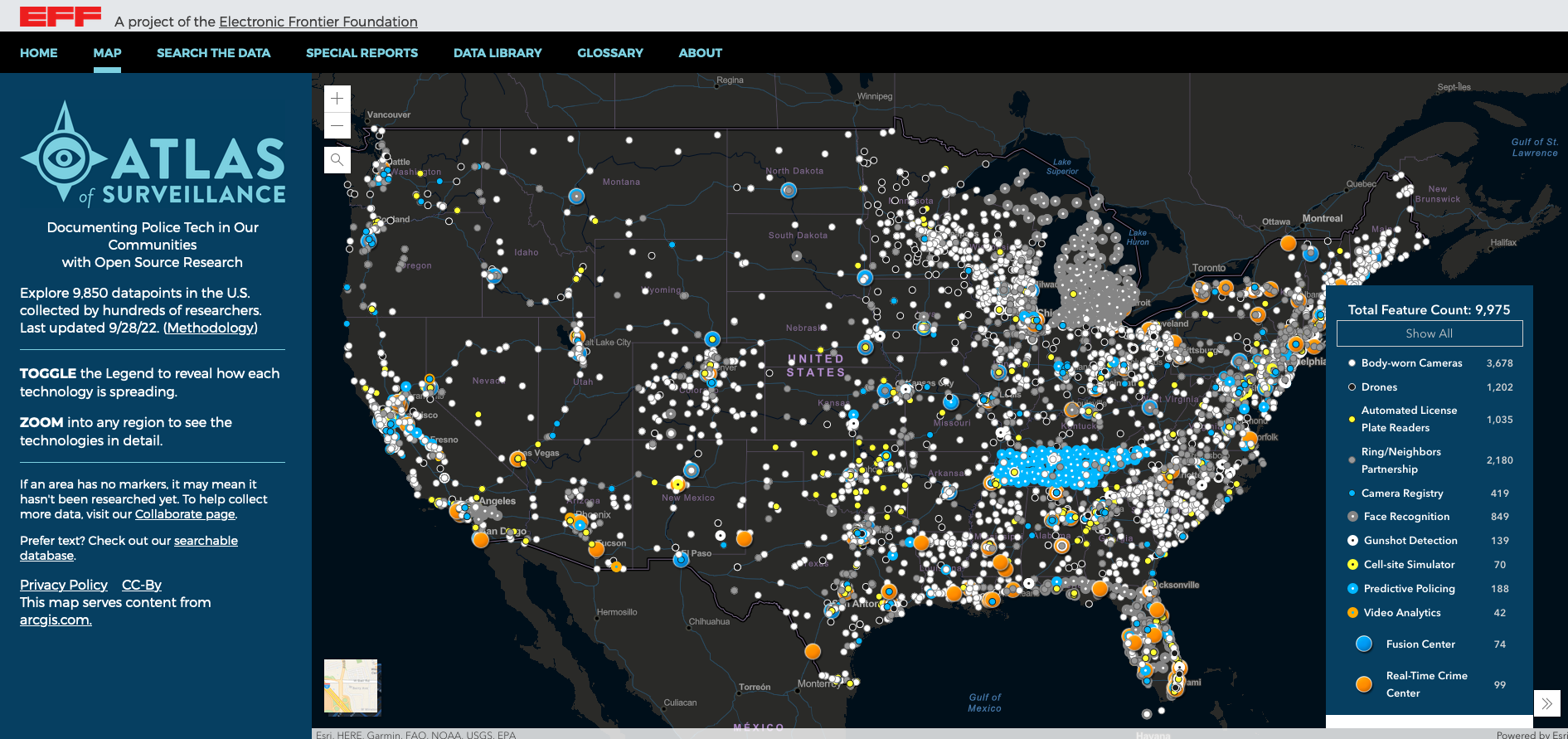 A map of the U.S. with a lot of surveillance data points plotted out. 