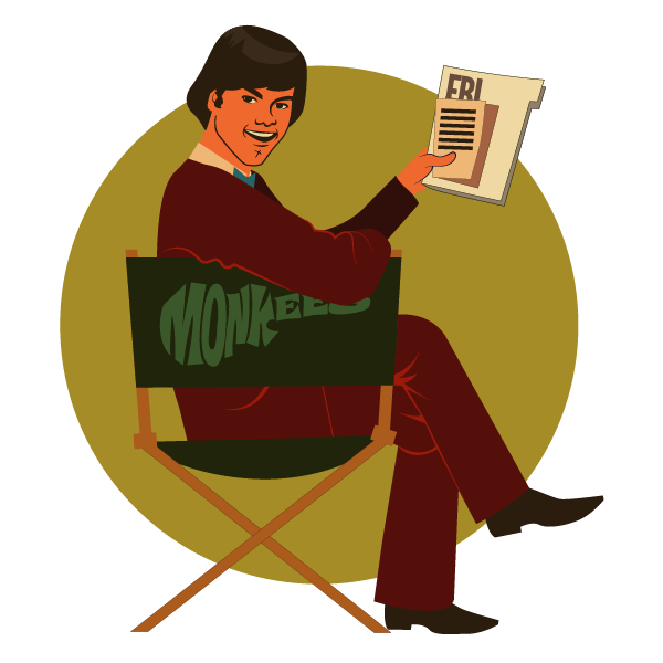 Mickey from The Monkees sits in a chair displaying documents from the FBI