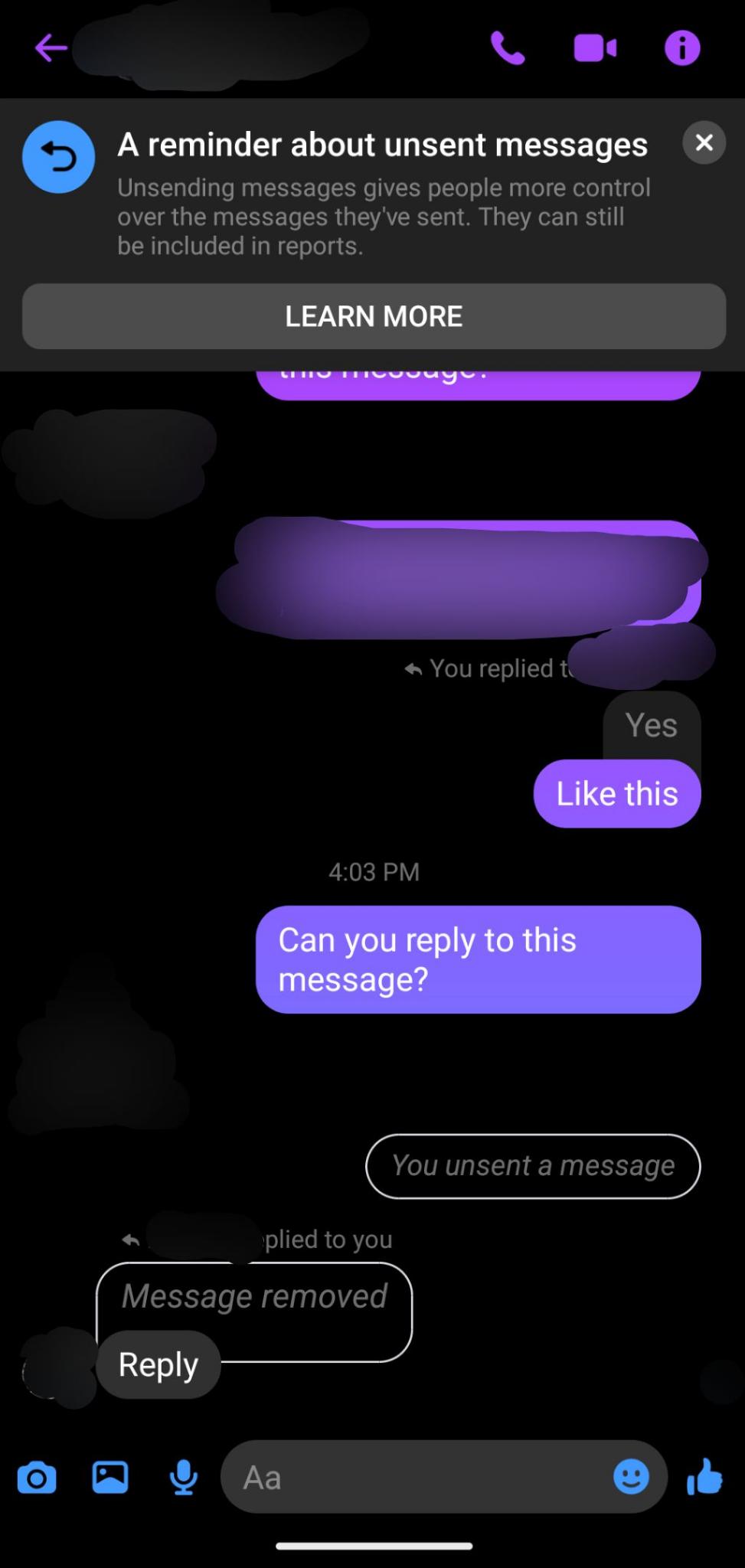 A screenshot of a FB Messenger Conversation showing deletion of replies