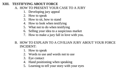 Bullet points on how to talk to a jury about use of force