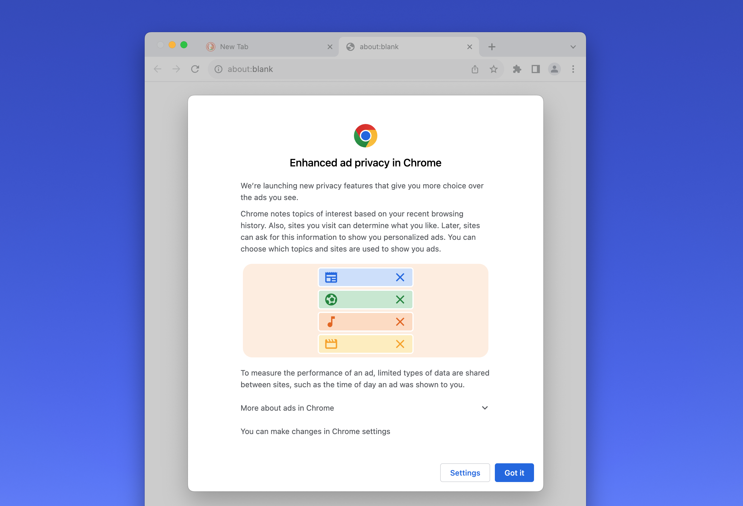 Screenshot of Chrome browser with "enhanced ad privacy in Chrome" page 