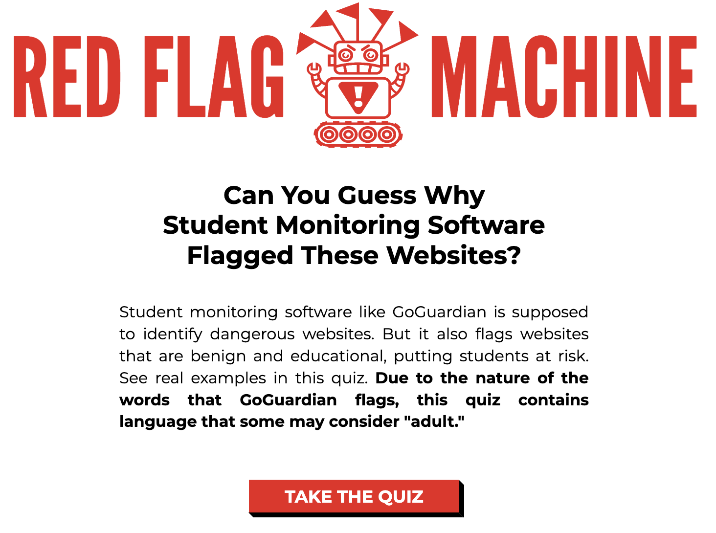 A screenshot of the front page of the red flag machine quiz and website.