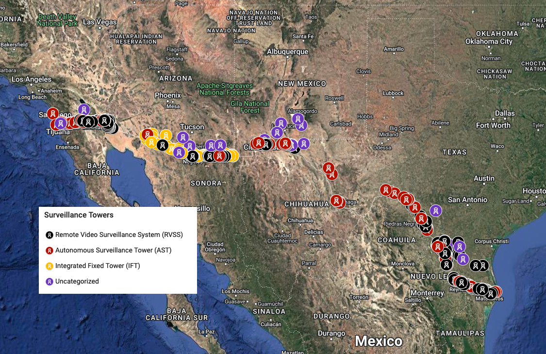 A map of the US-Mexico border with multicolored dots representing surveillance towers.