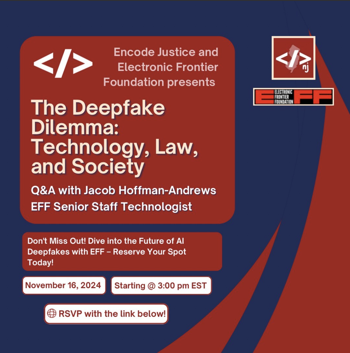 Flyer with event details and both encode justice and EFF logos