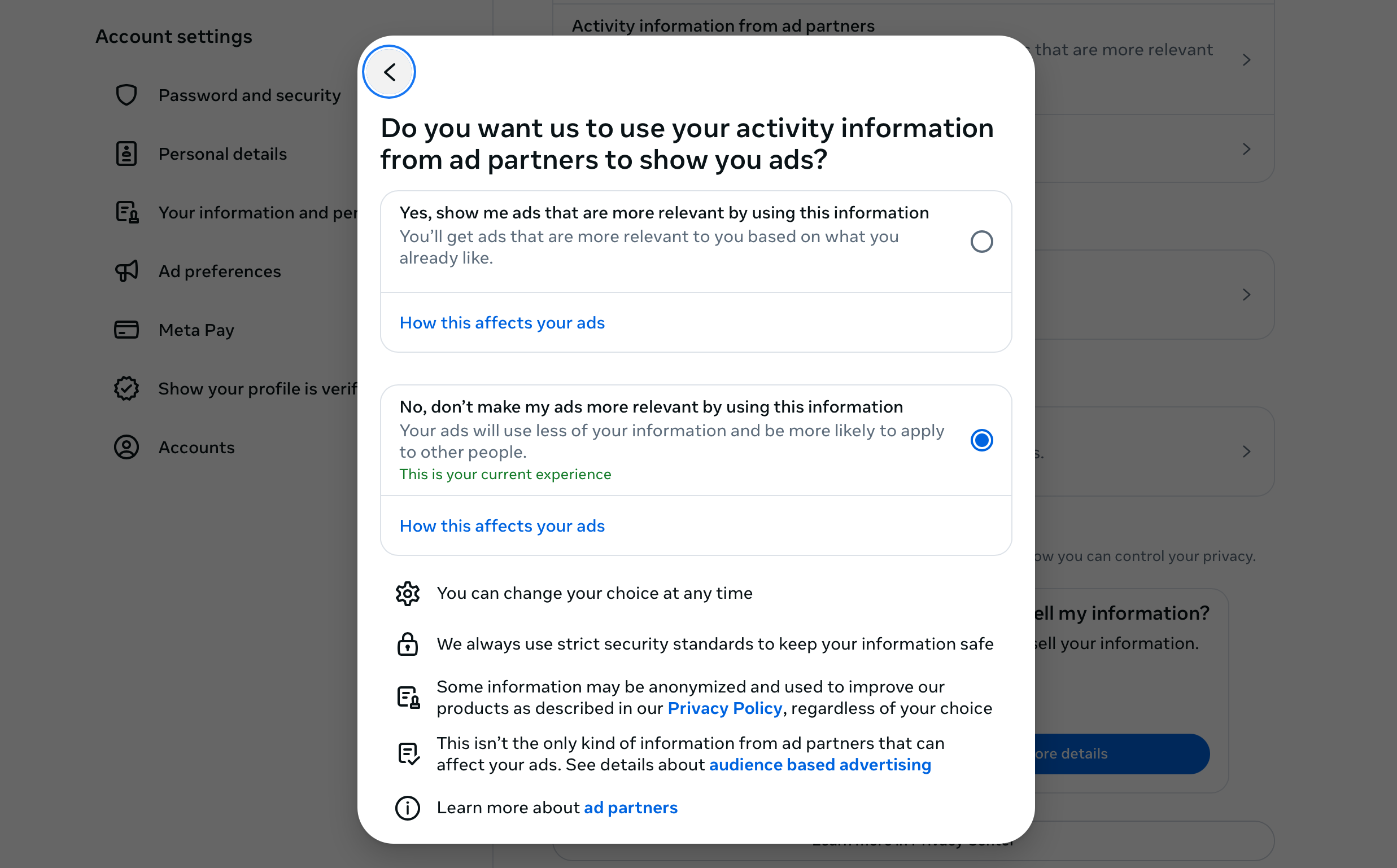 A screenshot of the "Activity information from ad partners" setting with the "No" option selected