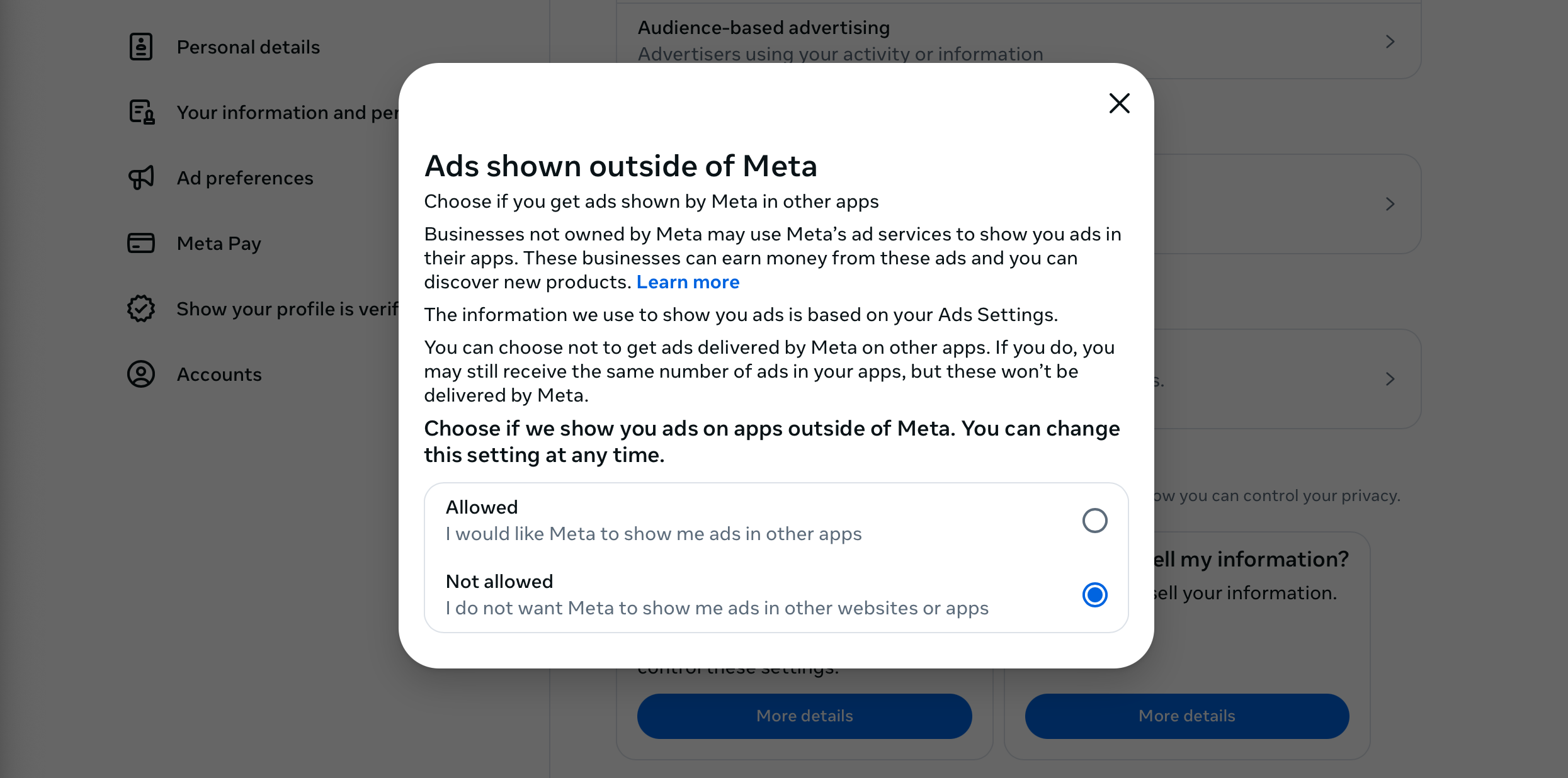 A screenshot of the "Ads outside Meta" setting with the "Not allowed" option selected