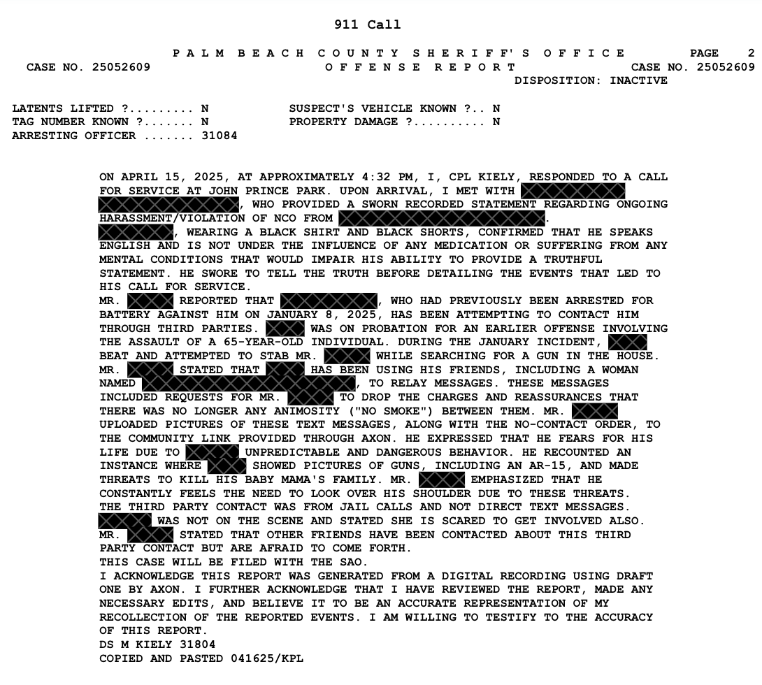 A police report peppered with redactions. 