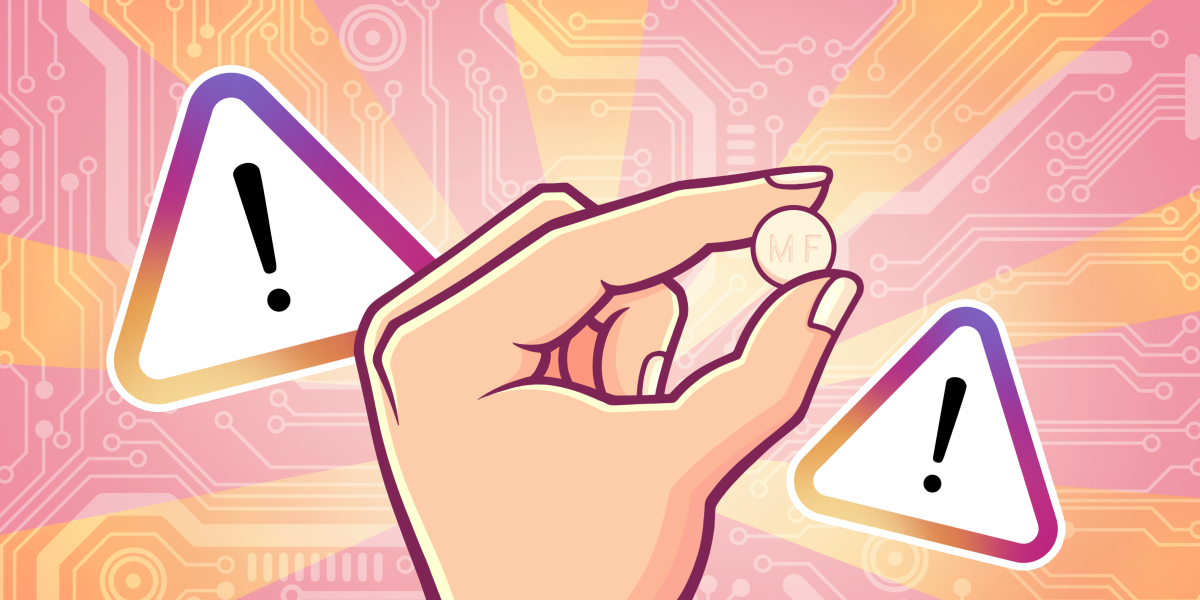A hand holding a mifepristone pill, with access denied symbols in the background