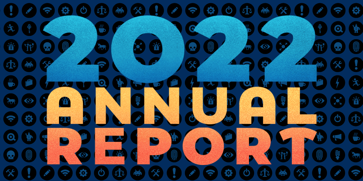 2022 Annual Report text, gold on dark blue, icons in background