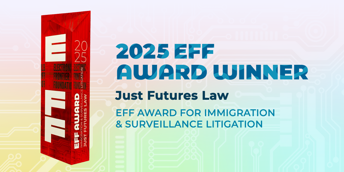 Red and white trophy with information about Just Futures Law