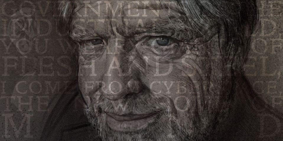 John Perry Barlow portrait with Declaration text