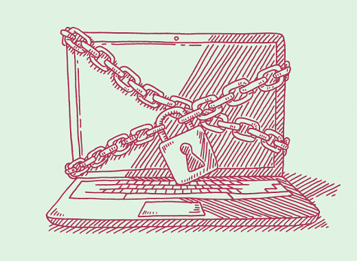 a monitor wrapped in chains and padlocked