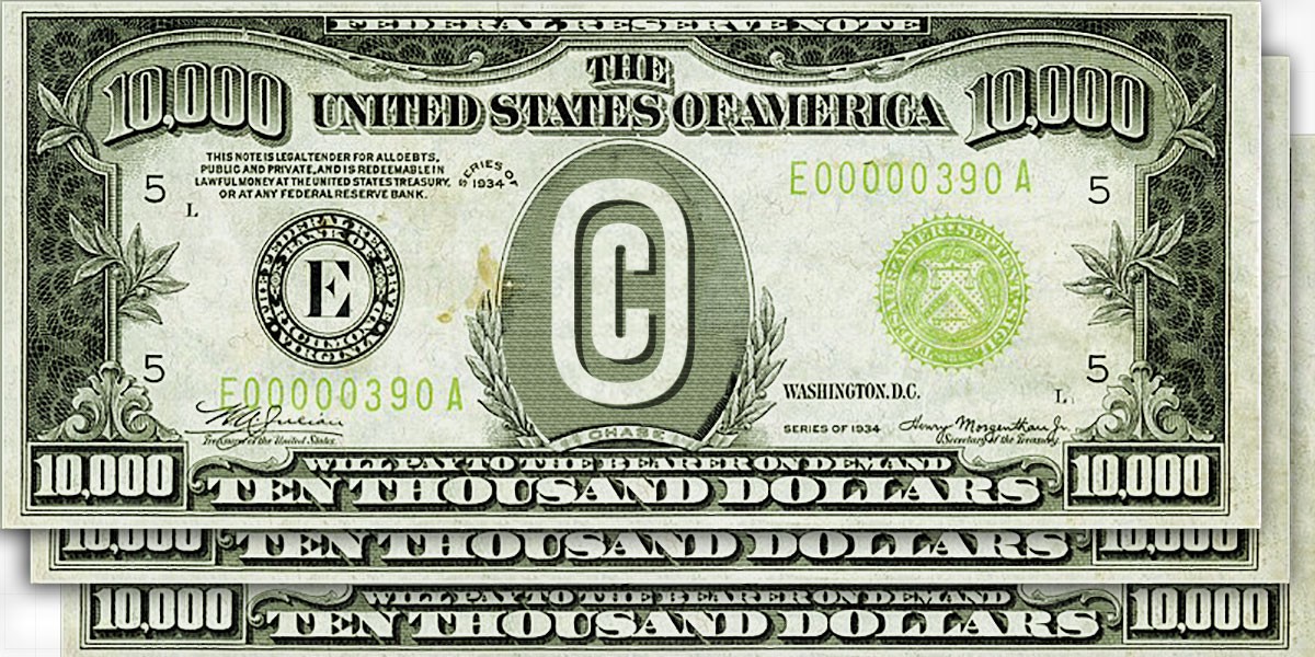 Three ten thousand bills with the copyright symbol instead of a portrait