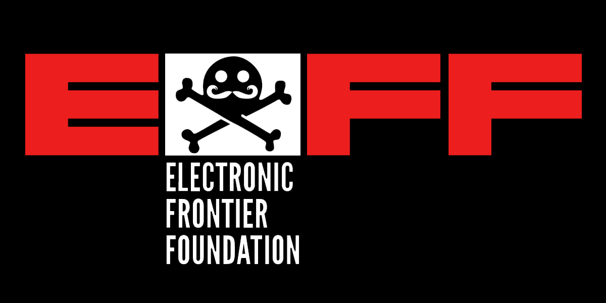 EFF logo with a Moustache DEF CON skull in the middle.