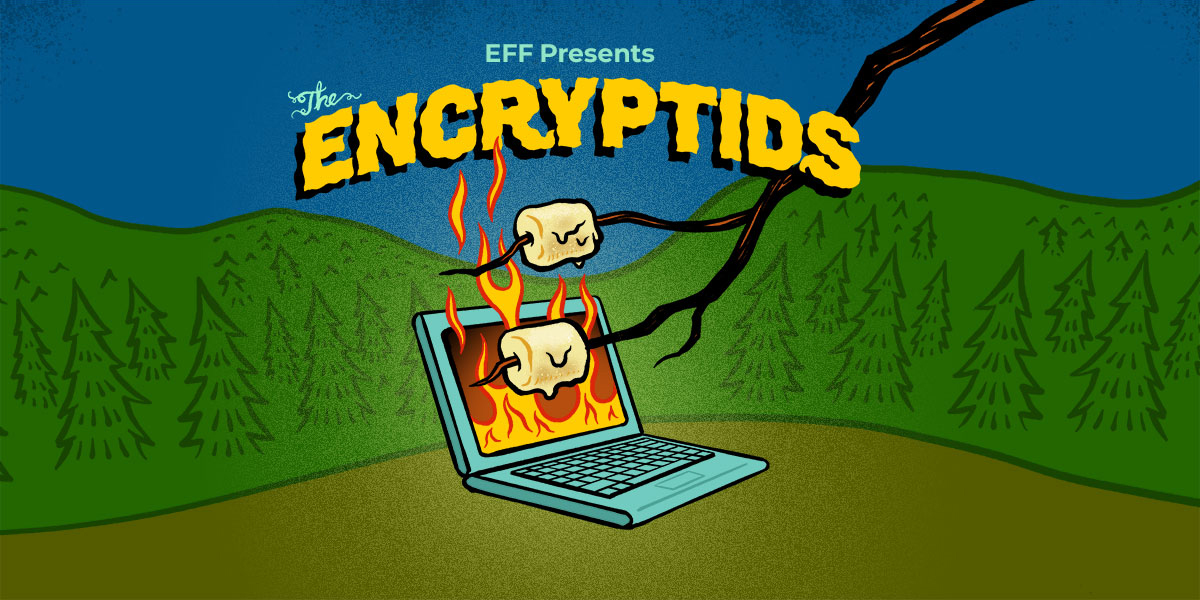 Marshmallows roasting over the flames of a laptop in a forest with text: EFF Presents The Encryptids