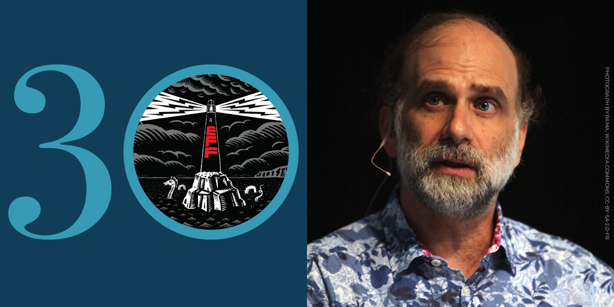 Blue EFF 30 next to a photo of Bruce Schneier