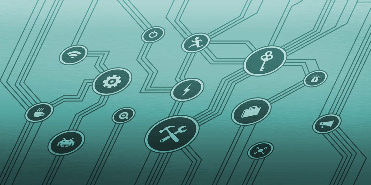 icons representing types of internet sites connected in a non-hierarchical, distributed manner