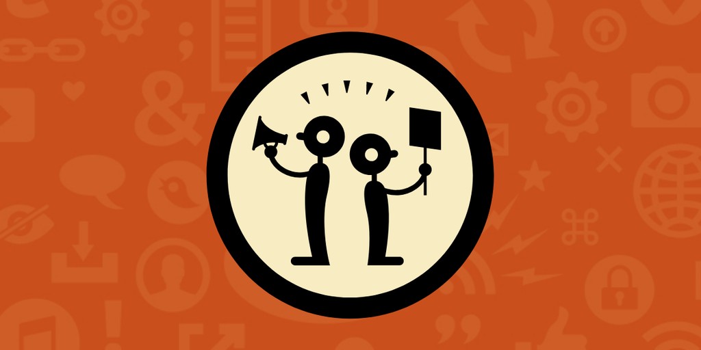 Dark orange bakground with light orange internet and computer symbols. In middle, black circle with black figures holding bullhorn and sign