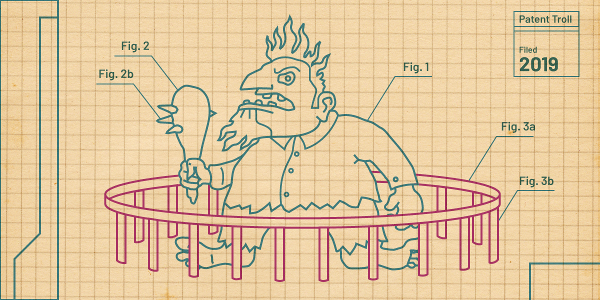 A line drawing on graph paper depicting a troll encaged in a low cagefrom which escape would be easy