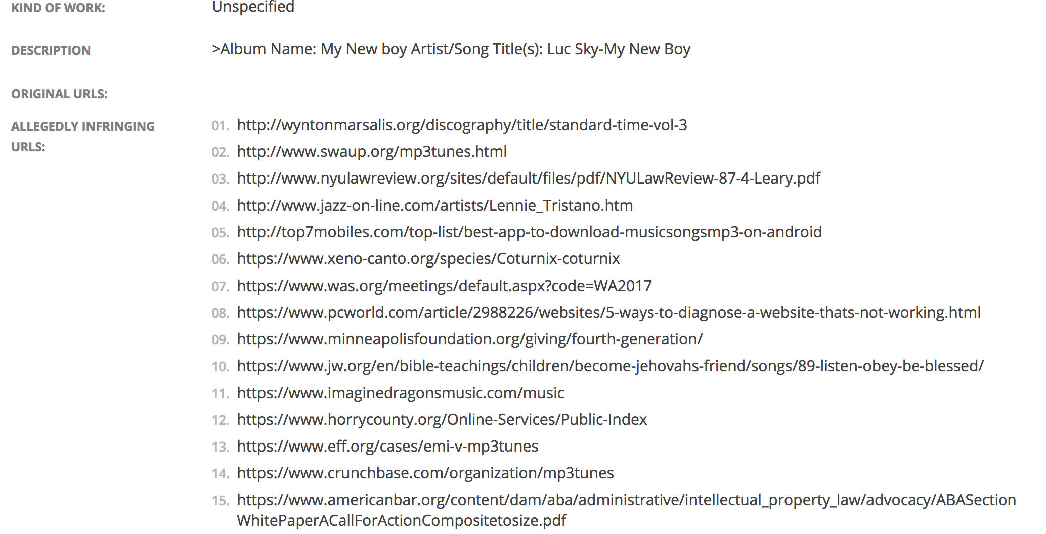 DMCA takedown notice listing many sites with mp3 on the page