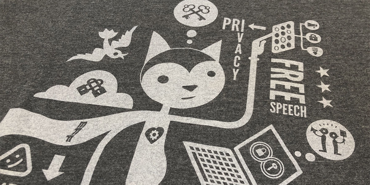 Image of EFF cat on a grey shirt