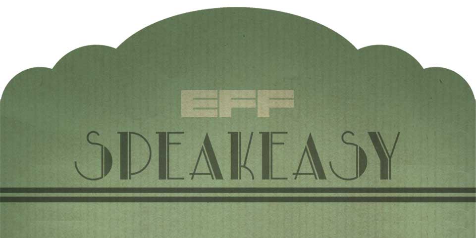 Olive green EFF Speakeasy banner in an art deco style