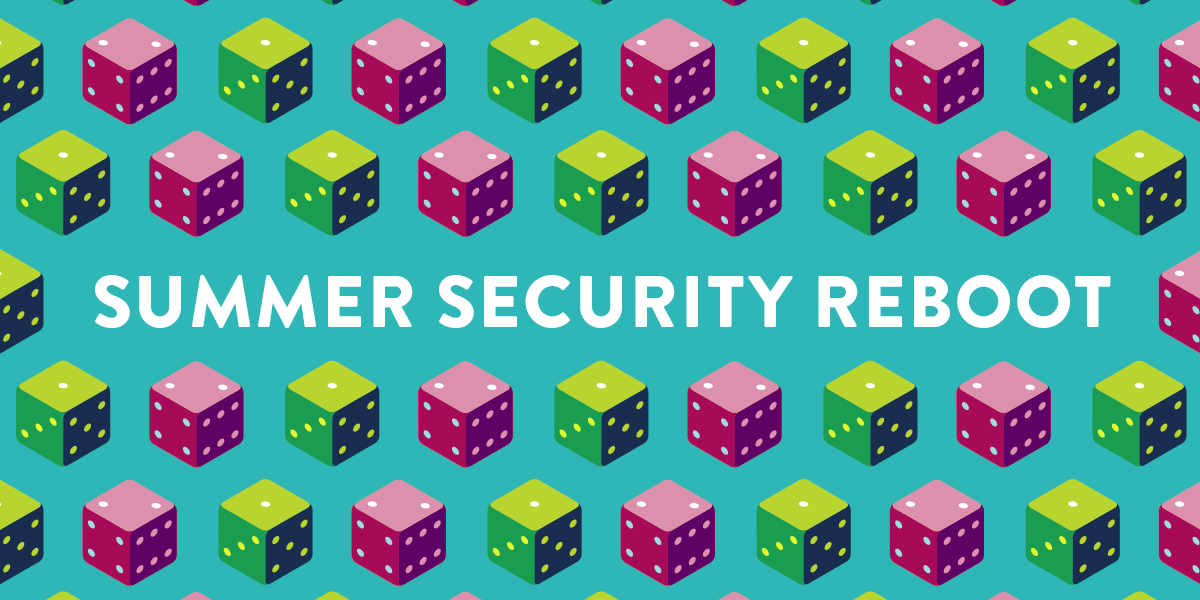 Summer Security Reboot on blue text with colorful dice